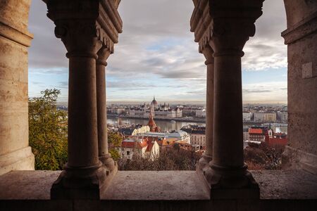 View of morning Budapest and the building of the Budapest Parliament from the Fishermans Bastion. Sunrise over the city.の写真素材
