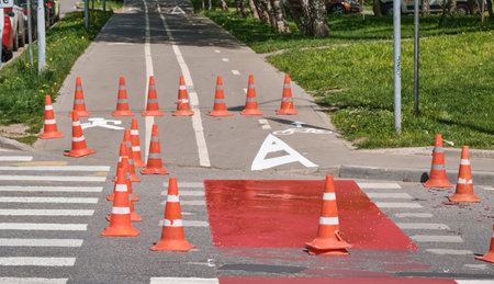 Red cones on pedestrian crossing. Road repairs, fences.