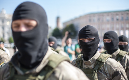 Kyiv, Ukraine. Members of Ukrainian Special Police Force Unit gathering in Kyiv to celebrate for the...