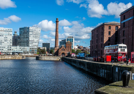 Modern buildings contrast with the old at Liverpool's Albert Dock.の写真素材