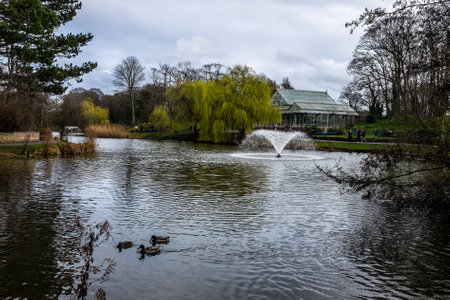 View of the lake and Conservatory in Hesketh Park.の写真素材