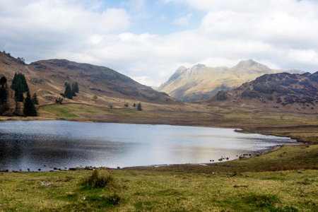 View of Blea Tarn with the Langdale Pikes in the background.の写真素材