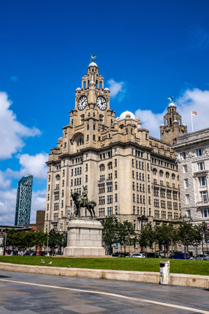 The historic Liver building is on the Pier Head, Liverpool.の写真素材
