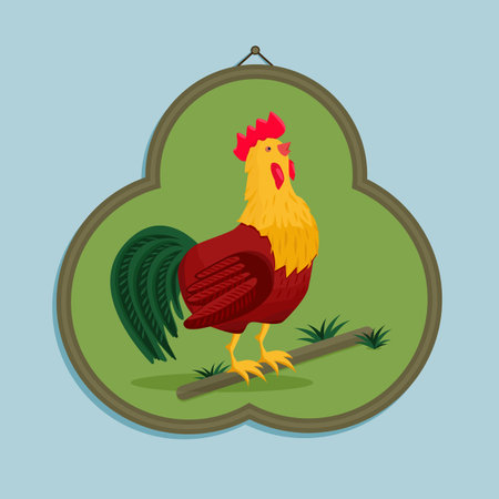 Rooster. Vector image of a rooster. The rooster crowes. Illustration of a rooster in a frame on the wall.のイラスト素材