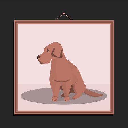 Dog. Vector image of a dog in a frame on the wall. The dog sits and looks away. a good-natured dog. Illustration for animation.のイラスト素材