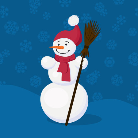 Snowman. Vector illustration of a snowman in a hat and scarf. A snowman stands in a snowdrift against a background of snowflakes. snowman holding a broomのイラスト素材