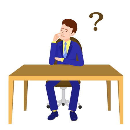 The man paused. The man thought about it. A man sits at a table and thinks. Vector image of a person for animation. Editable strokes. Edit the movements. A man in a suit on a white background at a table. Thought of man. Question mark.のイラスト素材