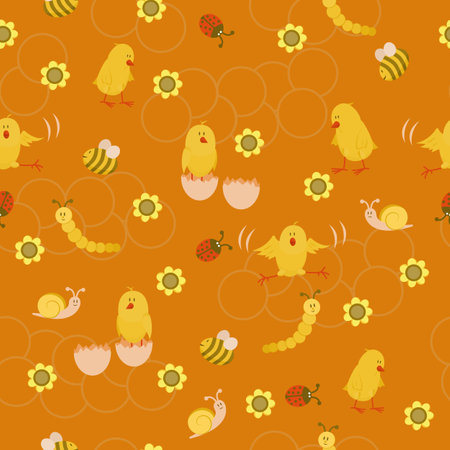 Seamless pattern with chickens. Vector seamless pattern with images of chickens, caterpillars, ladybirds, snails and flowers.のイラスト素材