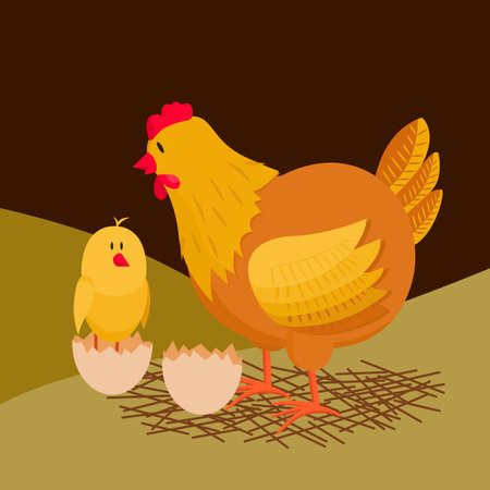 Hen and chick. Vector illustration for animation. Editable strokes. A chicken and a chicken that hatched from an egg. The birth of a chicken.のイラスト素材