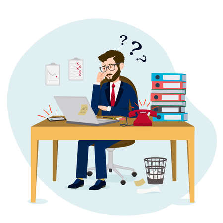 A person in a state of stress. Vector image of an office worker who does not know the solution to his problems. Illustration for animation. All the details are on separate layers. Editable strokesのイラスト素材