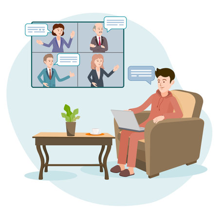 Virtual communication. Vector illustration. Communication via the Internet. People communicate through the app remotely in a group chat. Editable strokes. All the details are on separate layers.のイラスト素材