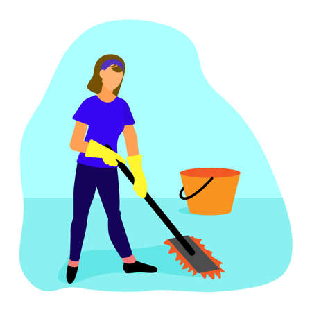 Cleaning of premises. The cleaner cleans the floor with a disinfectant. The bucket is standing next to it. A cleaning lady in rubber gloves.のイラスト素材