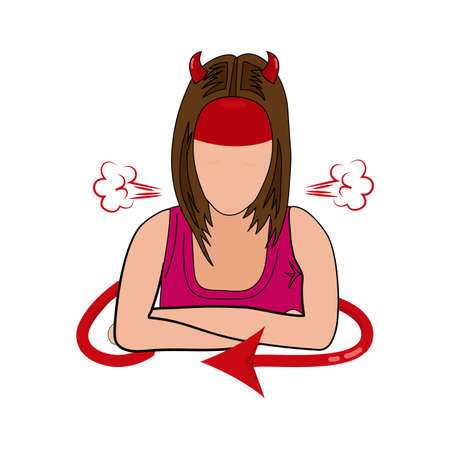 The woman is angry. Vector illustration of a sticker of a female silhouette in the guise of a devil. The pose of rage and anger. A template for a sticker.のイラスト素材