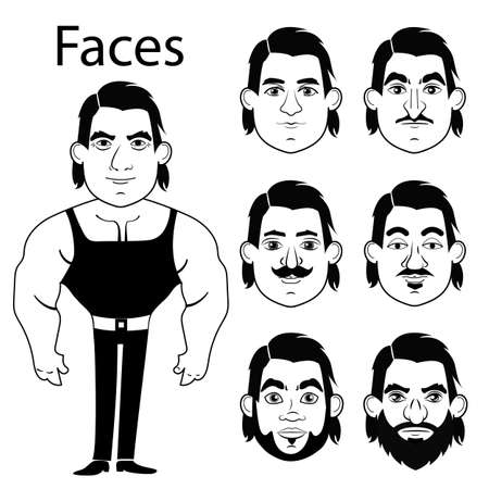 Black and white drawing of a muscular man for doodle video. Black and white vector image of a characters with different faces. Different men's faces for doodle videos. Coloring pages for kids.のイラスト素材