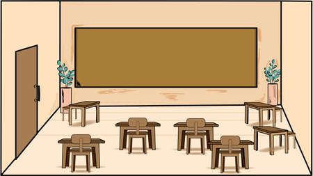A school classroom with a blackboard and desks. Vector illustration of a school office. An empty...