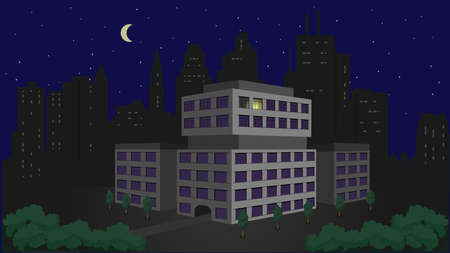 At night, a lonely office building against the background of the city. Vector illustration of the night city. A building with one bright window in the middle of the night. Light in one window.のイラスト素材