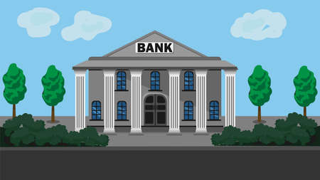 The bank building is outside. Vector illustration of a view of the bank building. A two-storey building with a door and windows. Financial institution.のイラスト素材