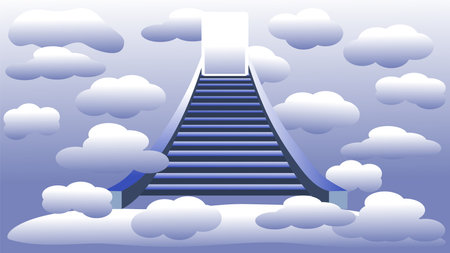 stairway to heaven. Vector illustration of the sky with clouds and a staircase that leads up to the door.のイラスト素材