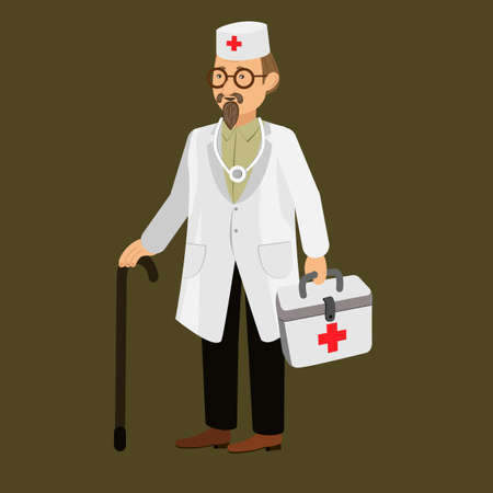 A cartoon doctor in a white coat with a first aid kit. Vector image of a man with glasses and a cane in doctor's clothes. The doctor is holding a first aid kit.のイラスト素材
