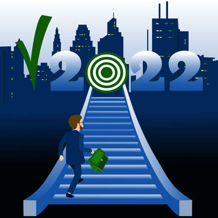 Achieving goals and career growth in 2022. Vector illustration of a man running up a ladder that leads to a career goal in 2022. Striving upward for new opportunities and achievements in businessのイラスト素材