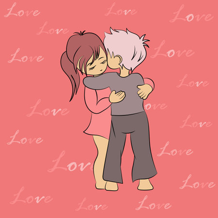 a boy and a girl hug on the day of love. Vector illustration of hugging children. Hugs on valentine's dayのイラスト素材