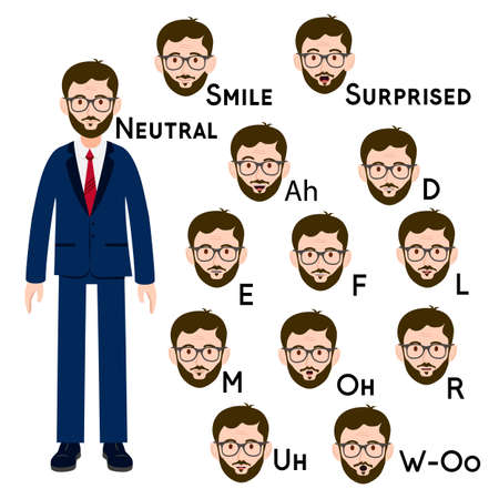 Mouth and lips for animating the speech of a character with a mustache. A set of men's faces for animating speech and emotions. Vector drawing of a person with different lip expressionsのイラスト素材