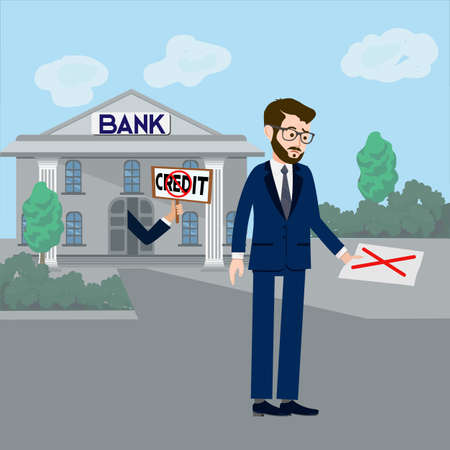 The bank did not approve the loan to the businessman. Vector illustration of a sad businessman who was not given a bank loan. The man looks sadly at the document in his handsのイラスト素材
