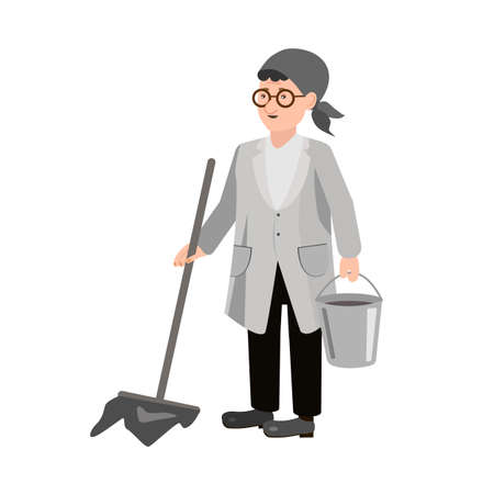 A woman washes the floor. Cartoon cleaning lady with a bucket and a mop. Vector illustration of a cleaning lady, for animation. All details on separate layers with names .のイラスト素材