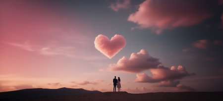 concept of valentine's day, valentine's day. couple at sunset in a field, pink sunset and heart symbol.の素材