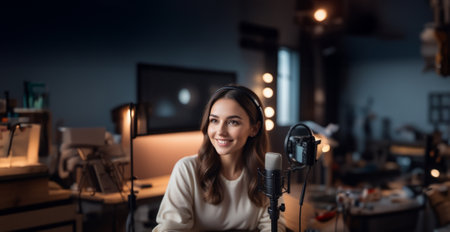 beautiful woman podcast host in studio with microphoneの素材