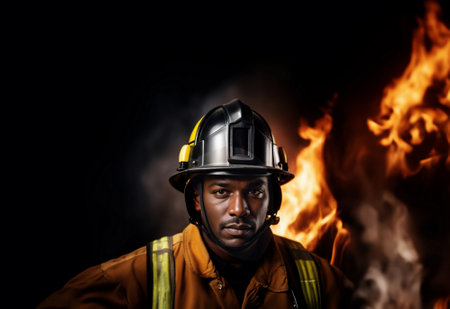 black firefighter against the backdrop of raging flamesの素材