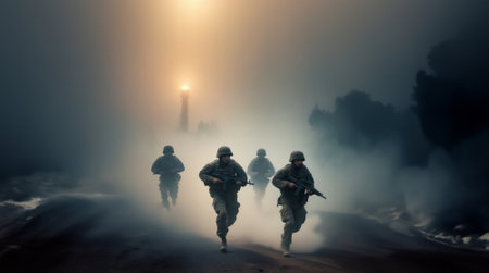 attack of infantrymen on the battlefield in smoke and fog. war conceptの素材