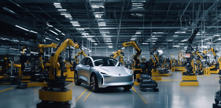 Car production at a factory, a conveyor belt for creating new cars, modern robotic technologies.の素材