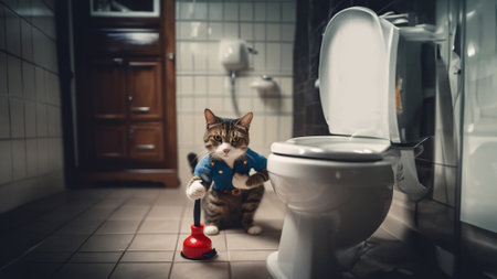 cat plumber repairs pipes and sewerage at home, cat in a plumber's suit. work as a plumberの素材