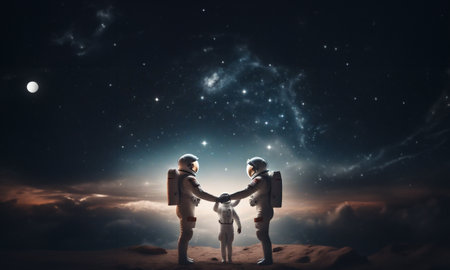 concept of a family in space, parents and child in spacesuits on Marsの素材