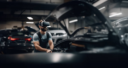 male auto mechanic repairs a car in a car service garage wearing VR glasses, augmented reality in the industry.の素材