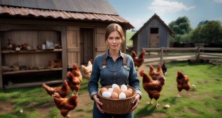 woman farmer with a basket of chicken eggs on a farm near a chicken coop with chickens in the village.の素材