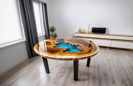 large table made of solid wood with epoxy resin and varnish. Furniture made from rare woodsの素材