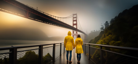 couple in love in yellow raincoats traveling in foggy weather to the river near the bridge.の素材
