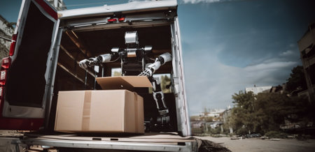 robot loader loads boxes with cargo, modern technologies in the logistics industry.の素材