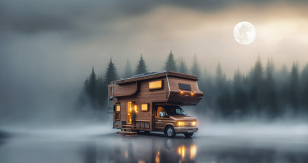camper van wooden motorhome, creative high-tech motorhome two-level in nature. Outdoor recreation, isolation.の素材