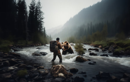 male photographer traveler photographs an angry bear on the river.の素材