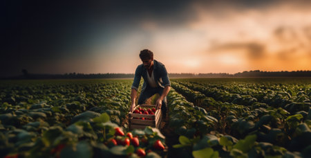 Male worker farmer harvesting strawberries on plantations in a field in summerの素材