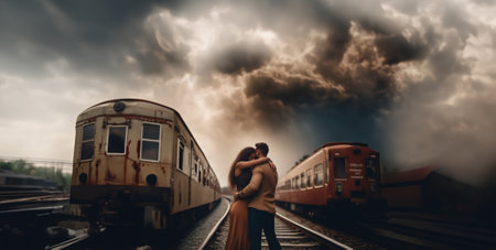Couple in love at the train station on a stormy dayの素材