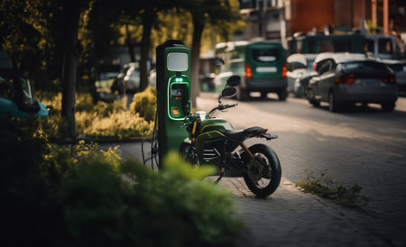 charging a motorcycle at a charging station in the city.の素材