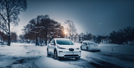 charging an electric car in the snow at a charging stationの素材