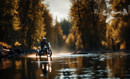 motorcyclist on a tourenduro motorcycle with panniers on a summer trip rides along a river over rough terrain.の素材