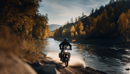 motorcyclist on a tourenduro motorcycle with panniers on a summer trip rides along a river over rough terrain.の素材