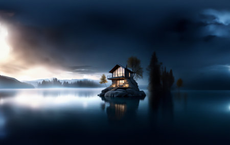 secluded remote house on a stone cliff on a lake, a sociopath's house made from natural materials.の素材