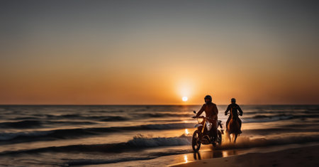 motorcyclist rides along the seashore at sunset with horses and riders.の素材